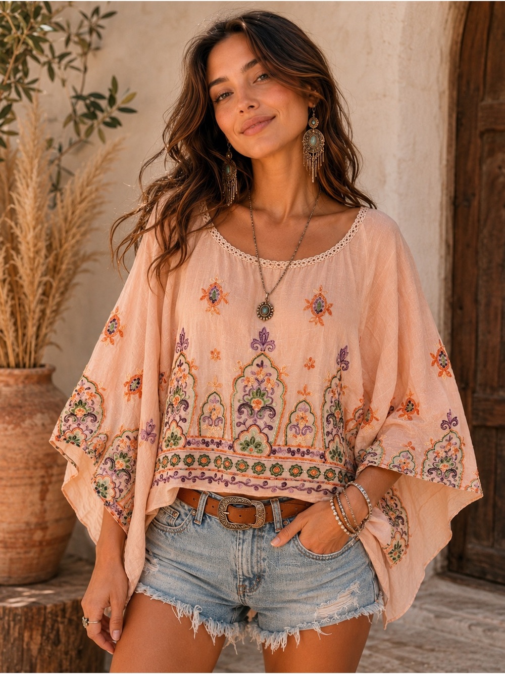 Easel Los Angeles Boho Embroidered Peasant Top in Peach
